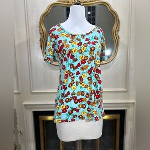 LuLaRoe Top Classic T Medium Aqua Blue Retro Floral 70s Print‎ Soft Stretchy